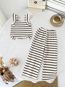 Elladie kids 2pcs Girls Striped Jacquard Knit Square Neck Fitted T-Shirt And Pants Set, Suitable For Casual, Vacation, Summer Wear. Girls 2pcs Set, Ribbed Set, Summer 2pcs Set, Kids 2pcs Set, Toddler 2pcs Set, Preppy Style 2pcs Set, Girls Set, Outdoor Clothing - Black - View 5