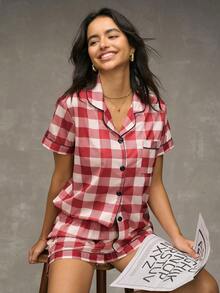 SHEIN Plaid Print Lapel Pajama Set - Burgundy - View 1