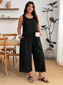 Enliva Mono de tirantes holgado de pierna ancha casual de verano para mujer talla grande, sin mangas, cuello redondo, cintura alta, corto con bolsillos, para Body tipo manzana y redondeado - Negro - Ver 4
