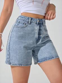 SHEIN Unity Quần short denim nữ dáng rộng, chất liệu denim mài, có túi xéo, thích hợp cho mùa hè. - Rửa nhẹ - Xem 7