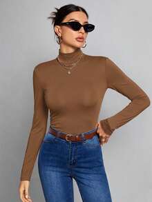 SHEIN Tall 簡約純色修身高領白色上衣，適合秋冬，高個女性 - 摩卡棕 - 查看 6