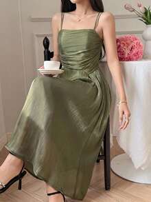 DAZY 女款優雅純色不對稱領口抓褶無袖中長洋裝，夏季 - 綠色 - 查看 3