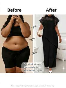 SHEIN Lady Plus Size Women's Mesh Patchwork Asymmetric Hem Black Top Cocktail Party Dinner Summer Elegant - Black - View 5