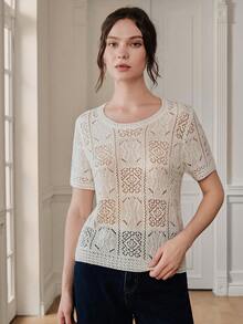 Anewsta White Lightweight Hollow Floral Decor Women's Casual Knit Short Sleeve Top - White - View 3