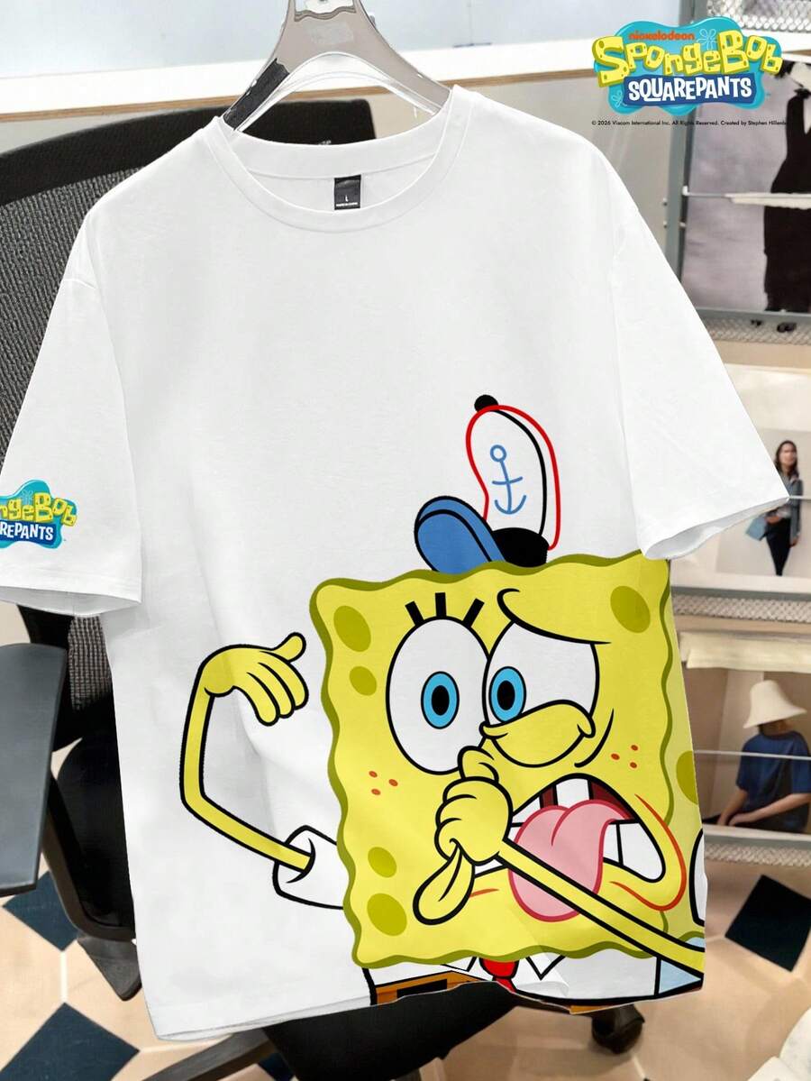 SpongeBob SquarePants | SHEIN Daypath 男士卡通印花圆领短袖休闲百搭T恤 - 白色 - 查看 1