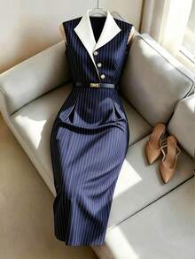 SHEIN Women's Summer New Workwear Elegant Blue Striped Color Block Collar Sleeveless Slim Fit Dress,Elegant Dress - Multicolor - View 7