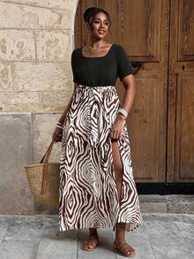 Elaquor Vestido de manga corta con cuello cuadrado, estampado gráfico y cinturón, talla grande, para verano - Multicolor - Ver 1