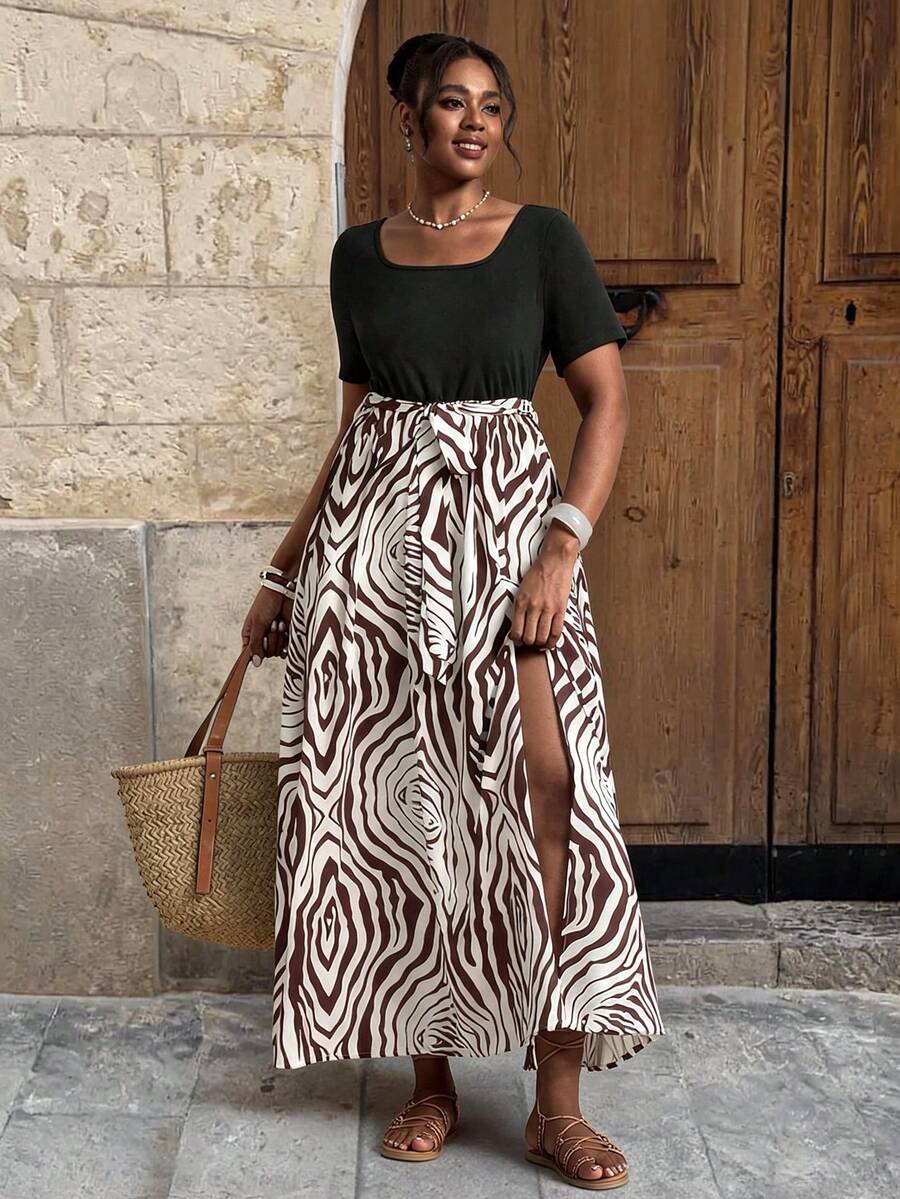 Elaquor Vestido de manga corta con cuello cuadrado, estampado gráfico y cinturón, talla grande, para verano - Multicolor - Ver 1
