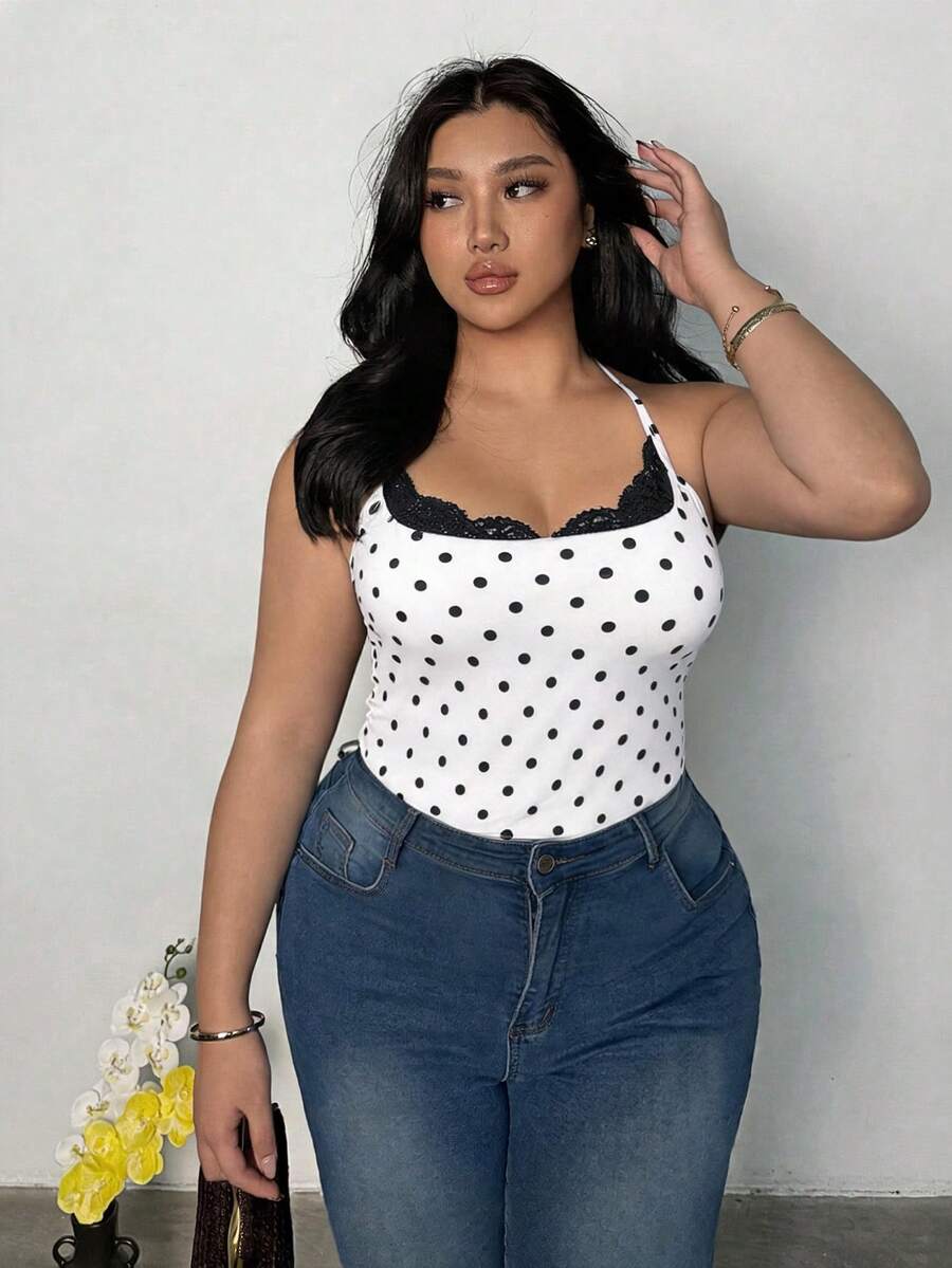 Firerie Plus Size Women Elegant Romantic Delicate Charming Holiday Valentine's Day Sexy Lace Polka Dot Top Blouse Casual Going Out Top For Women - Black and White - View 1