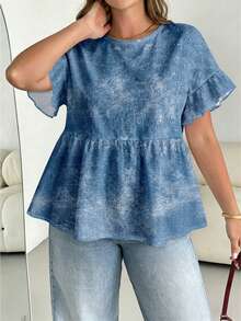 SHEIN Essnce Textured Print Plus Size Women's Round Neck Ruffle Short Sleeve Summer Blouse - White - View 3