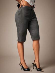 Radiana Women's Summer Casual Business Casual Fashion Minimalist Grey Striped Suit Pants, 3/4 Length Slim Fit Suit Shorts, Low Waist 5/10 Length Pants, Work - Grey - View 3