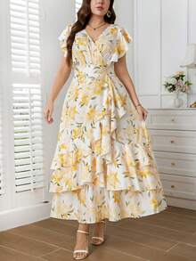 Reflora Plus Size Women's Vacation Floral Print Ruffle Short Sleeve Elegant Multi-Layered Ruffle Hem Dress All White Summer Party Wedding Guest - Yellow - View 6