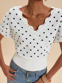 Travachic Damen Polka Punkt Muster V-Ausschnitt Kurzarm Strick Top - Schwarz und Weiss - Übersicht 5
