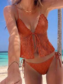 SHEIN MOD Sunny Beach Vacation Women's Solid Color Lace-Up Camisole Top And Shorts 2-Piece Swimsuit Set Burnt Orange Summer Sexy Tropical - Rust Brown - View 3