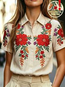 SHEIN Blusa suelta de manga corta con cuello y bordado floral rojo para mujer de verano - Multicolor - Ver 5