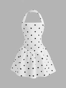 Young Girl Kids Casual Fashion Polka Dot Halter Neck A-Line Dress - Black and White - View 3