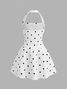 Young Girl Kids Casual Fashion Polka Dot Halter Neck A-Line Dress - Black and White - View 2