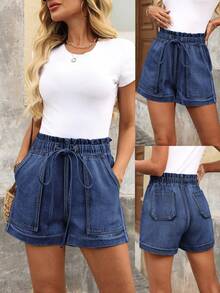 EMERY ROSE Casual Traditional Y2K Versatile Pocket Button Distressed Beach Formal Everyday Plus Size Denim Shorts Navy Blue Summer - Dark Wash - View 8