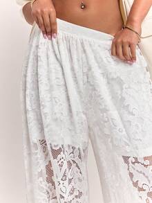 SHEIN BAE Pantalones de linterna blancos con encaje, cintura fruncida y bajo fruncido para mujer, adecuados para uso casual, uso diario, ir al trabajo, salidas casuales, pantalones de encaje blanco, pantalones de linterna de encaje blanco, salidas diarias, uso en casa, pantalones para ir al trabajo - Blanco - Ver 5