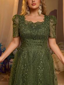 Glamrae Plus Size Elegant Romantic Champagne Square Neck Short Sleeve Sheer Rhinestone & Pearl Embellished A-Line Evening Gown For Wedding Party Celebration Formal Occasion Event (Intricate Design) - Army Green - View 8