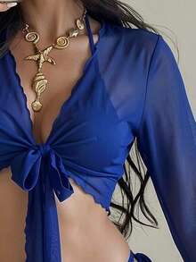 Swim SXY 度假海灘素色喇叭袖罩衫和服 - 寶藍色 - 查看 3