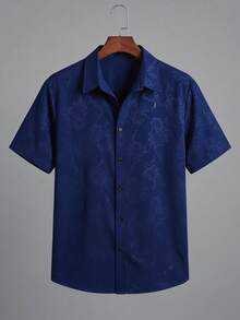 KRYTIVO Plus Size Men's Navy Blue Floral Print Front Button Short Sleeve Shirt - Navy Blue - View 3