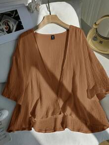 Comfortcana Plus Size Lightweight Short White Jacket , Summer Cotton Comfortable Cardigan In Fall/Winter - Khaki - View 4