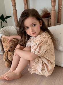DAZY Round Neck Ditsy Floral Short Sleeve Top + Shorts Set For Young Girls Loungewear Summer - Khaki - View 1