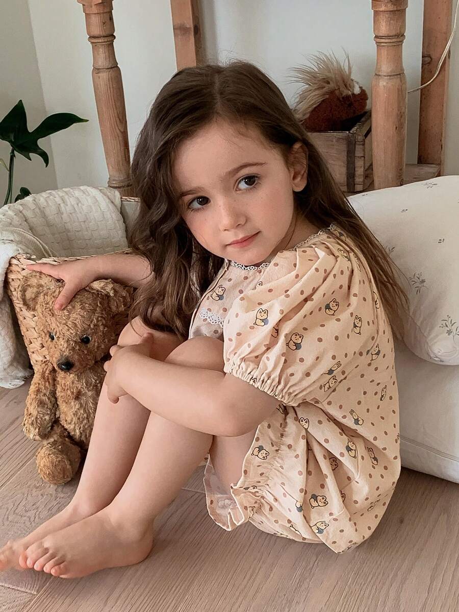 DAZY Round Neck Ditsy Floral Short Sleeve Top + Shorts Set For Young Girls Loungewear Summer - Khaki - View 1