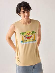 Strevion TOM & JERRY Men's Casual Versatile Beach Hammock & Coconut Tree, Tom And Jerry Element Printed Tank Top - Apricot - View 6