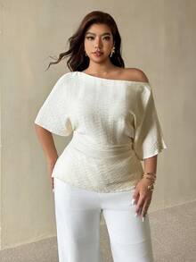 Auralis Áo blouse mặc kiểu pullover dáng ôm tôn dáng, eo xếp ly bất đối xứng, tay cánh dơi, vai lệch, phong cách tối giản đa năng cho mùa xuân/hè, size lớn, đi làm - Màu be - Xem 1