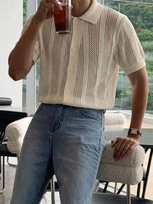 DAZY Summer Half-Button Mesh Apricot Knit Top For Men - Beige - View 4