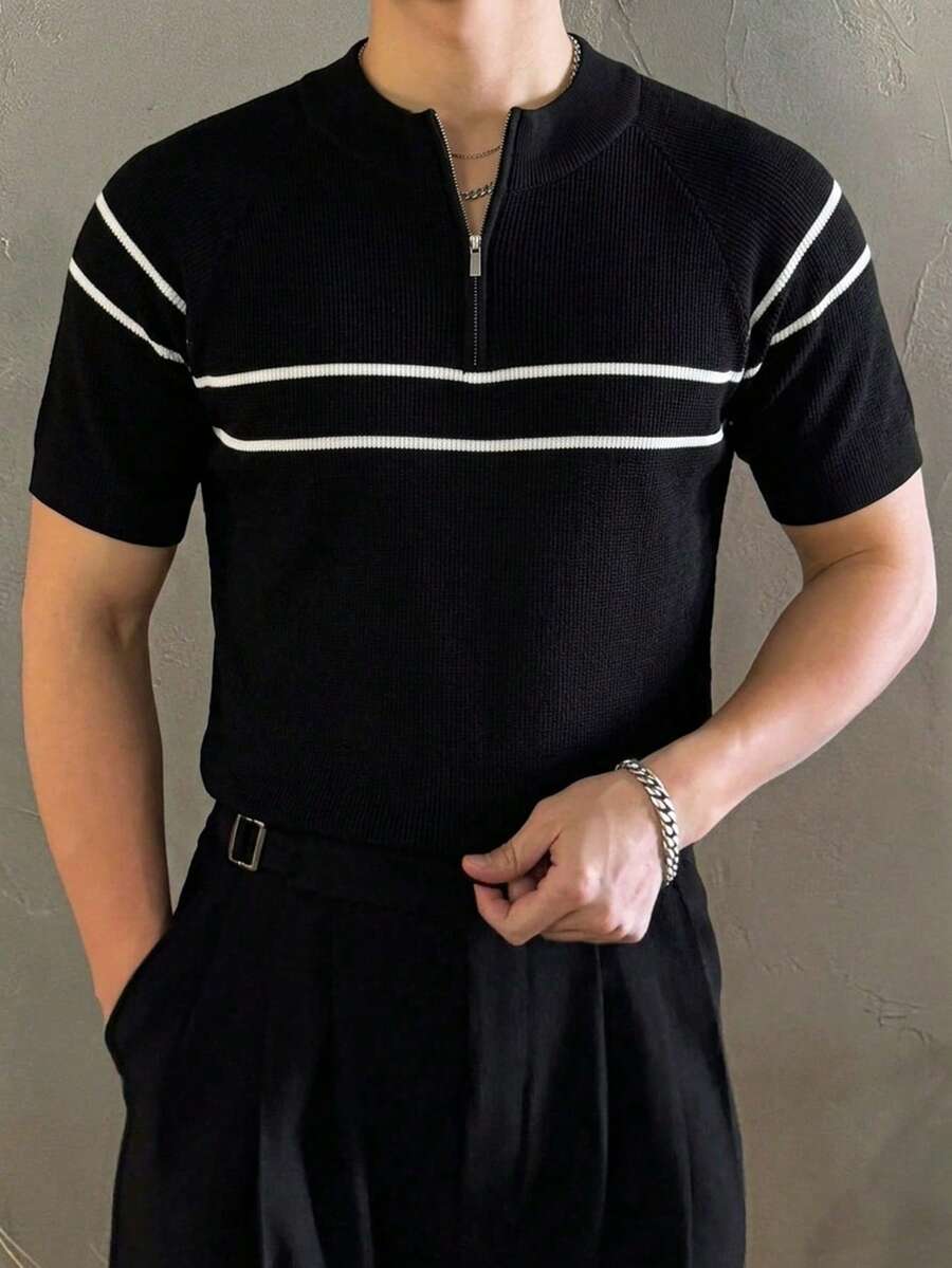 DAZY Short Sleeve Round Neck Half-Button Striped Contrast Design Men's Knit Top - Black - View 1