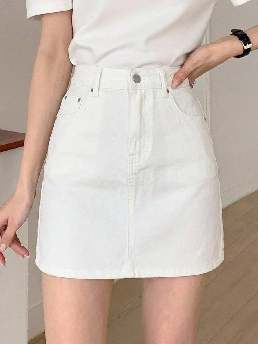 DAZY 女款純色丹寧質感口袋拉鍊迷你裙 夏季 - 白色 - 查看 1
