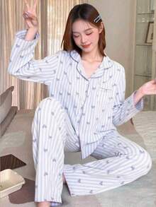 SHEIN 2件套少女杏色蝴蝶结印花长袖开衫和长裤，休闲舒适家居服 - 彩色 - 查看 4