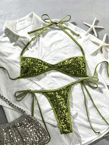Costavie 2pcs Spring/Summer Beach Vacation Sequin Textured Fabric Halter Bandeau Top & Side Tie String Thong Bikini Set - Olive Green - View 5