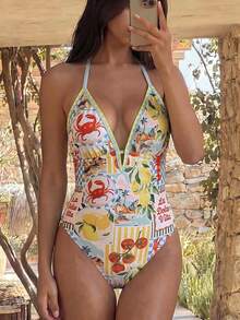 Swim Vcay 一件彩色柠檬、螃蟹、虾和花卉印花露背系带泳衣，可爱女士沙滩派对和度假装 - 彩色 - 查看 1