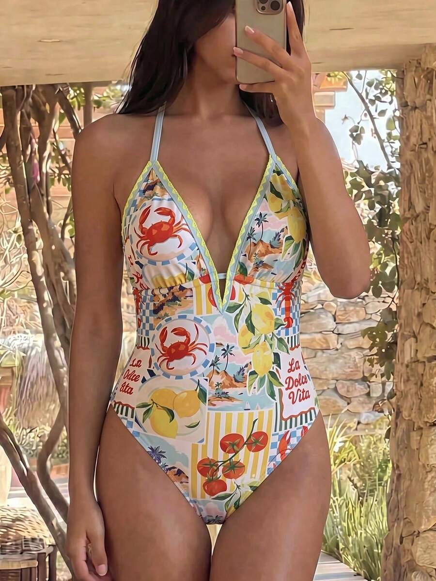 Swim Vcay 一件彩色柠檬、螃蟹、虾和花卉印花露背系带泳衣,可爱女士沙滩派对和度假装 - 彩色 - 查看 1