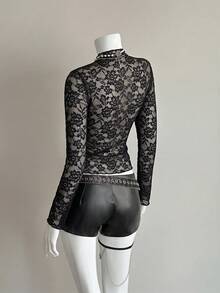 SHEIN Unity Modisches schwarzes sexy Damen-Spitzen-Top - Schwarz - Übersicht 2