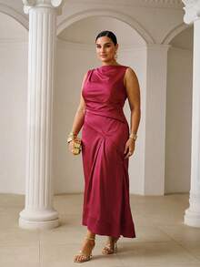 ZEYLAH Vestido asimétrico fruncido, talla grande, primavera/verano - Rosa Roja - Ver 5