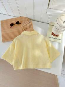 SHEIN LMoss Kids LMoss 青少女梭織素色寬鬆短版休閒襯衫 - 黃色 - 查看 2
