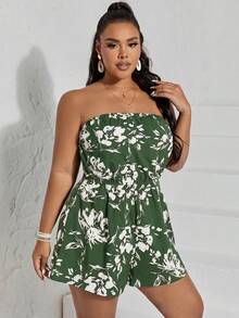 SHEIN VCAY Plus Floral Print Tube Romper Spring Summer Women - Army Green - View 5