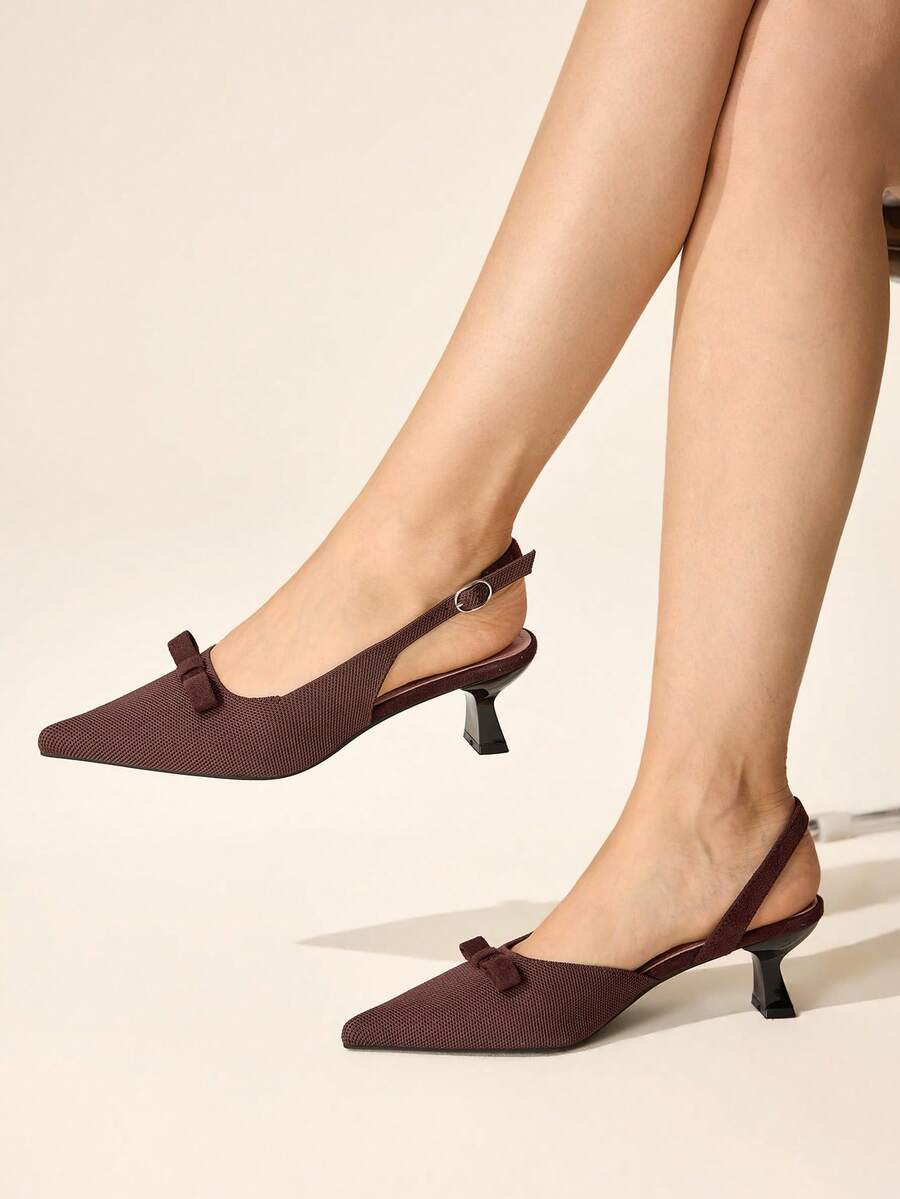 CUCCOO BASICS Women Shoes Classic Simple Fashion High Heels Pointed Thin Heels Empty Shoes, Bow Decorative Cat And Women's Shoes, Workplace Light Party Elegant Temperament High Heels - Brown - View 1