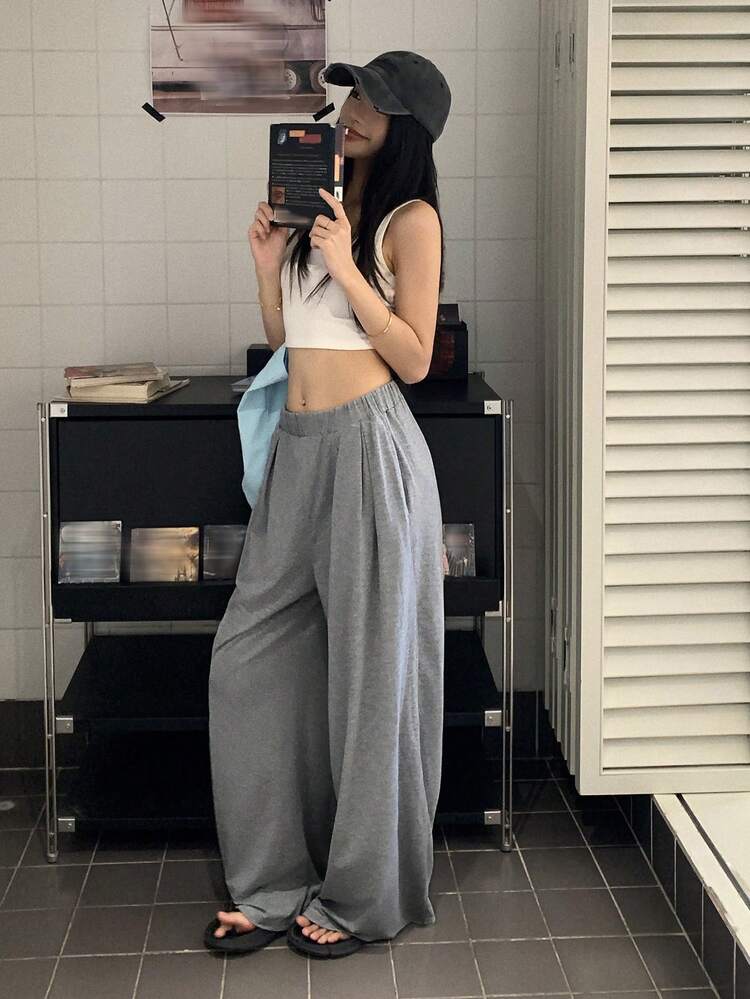 Women's Elastic Waist Pleated Loose Wide Leg Long Pants Casual Sweatpants