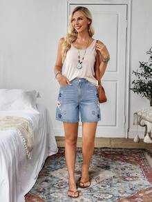 EMERY ROSE Women's Floral Embroidered Zipper Fly Denim Shorts - Dusty Blue - View 5