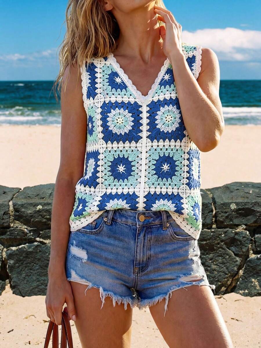 Sylviya Casual Women's V-Neck Crochet Sleeveless Vacation Knit Top