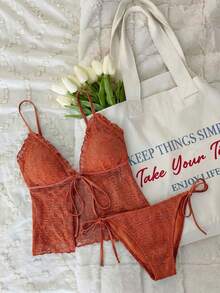 SHEIN MOD Sunny Beach Vacation Women's Solid Color Lace-Up Camisole Top And Shorts 2-Piece Swimsuit Set Burnt Orange Summer Sexy Tropical - Rust Brown - View 2