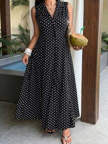 Sunnyshic Vestido Maxi Talla Grande para Mujer con Lunares Negros, Cuello en V con Solapa, Cierre de Botones Delanteros, Cintura Ceñida, Corte A, Elegante Minimalista, Versátil para Vacaciones, Playa, Desplazamiento, Compras, Citas y Uso Diario - Negro - Ver 1