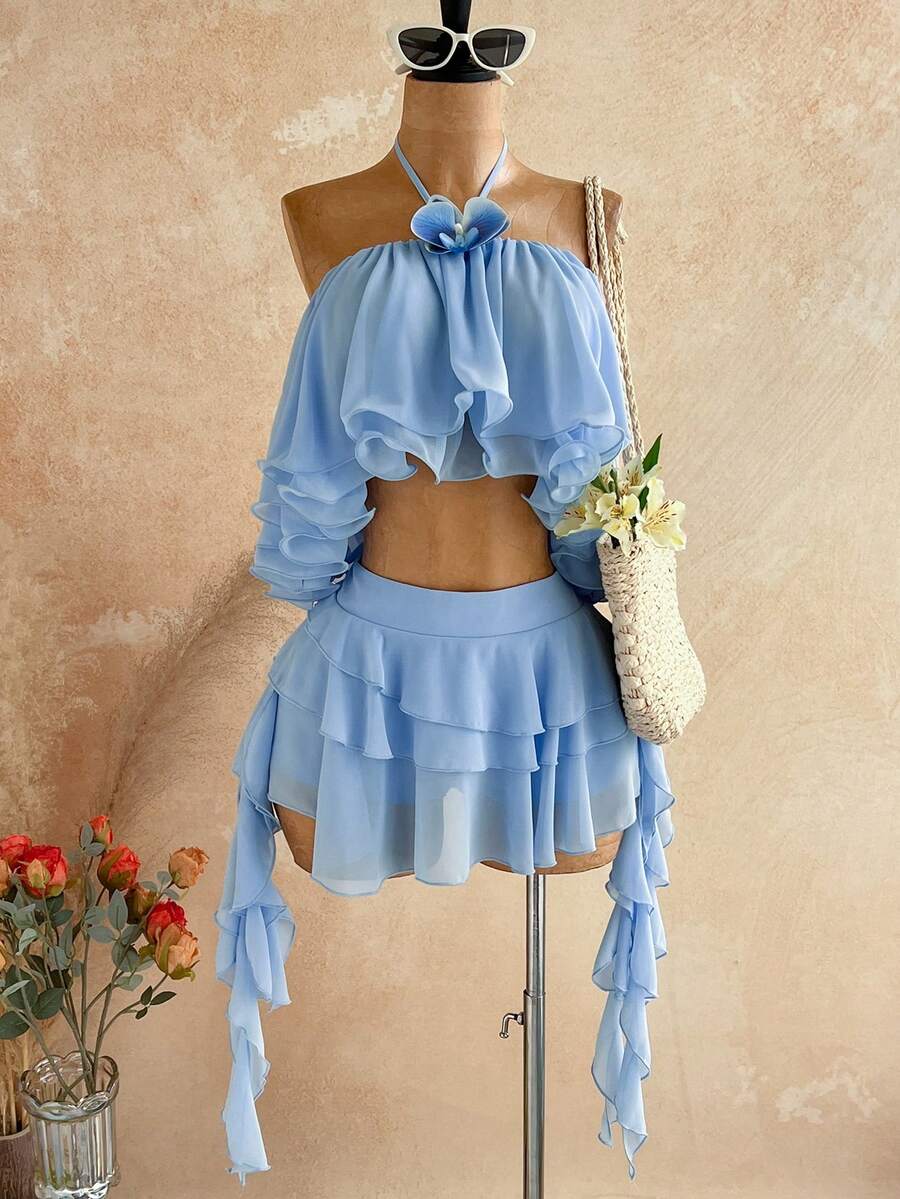 Soleia Women's Vacation Double Layer Ruffle Hem Cropped Halter Top And Skirt Fashion 2 Pieces Set - Baby Blue - View 1