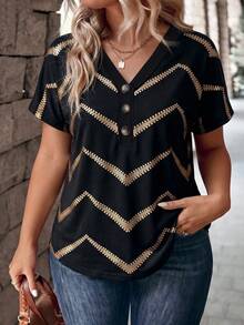 EMERY ROSE Women's Spring/Summer New Hot-Selling Asymmetrical Wavy Stripe Print Pattern Casual Versatile Plus Size T-Shirt - Multicolor - View 1